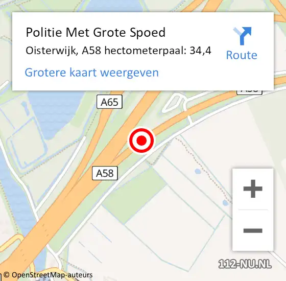 Locatie op kaart van de 112 melding: Politie Met Grote Spoed Naar Oisterwijk, A58 hectometerpaal: 34,4 op 29 juni 2023 22:30