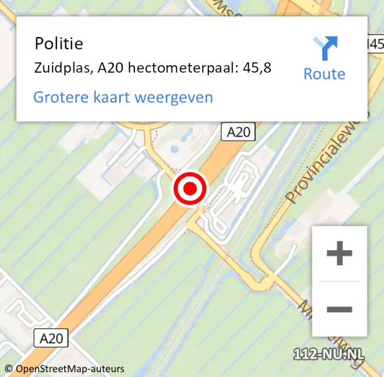 Locatie op kaart van de 112 melding: Politie Zuidplas, A20 hectometerpaal: 45,8 op 29 juni 2023 22:32