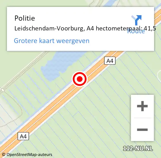 Locatie op kaart van de 112 melding: Politie Leidschendam-Voorburg, A4 hectometerpaal: 41,5 op 30 juni 2023 02:06