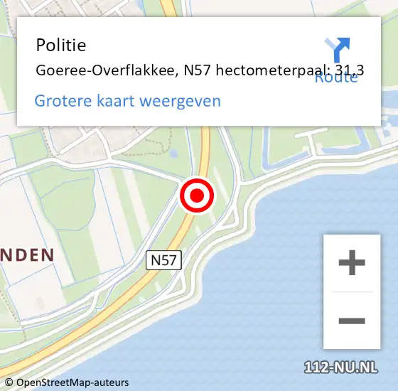 Locatie op kaart van de 112 melding: Politie Goeree-Overflakkee, N57 hectometerpaal: 31,3 op 30 juni 2023 04:14
