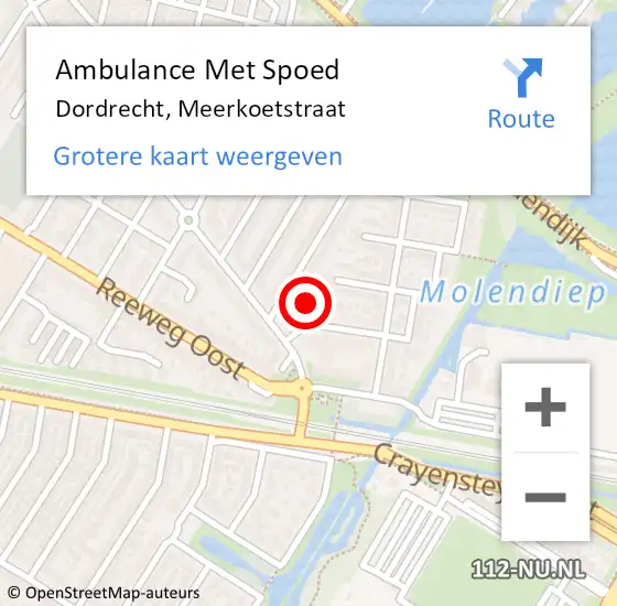 Locatie op kaart van de 112 melding: Ambulance Met Spoed Naar Dordrecht, Meerkoetstraat op 30 juni 2023 05:37