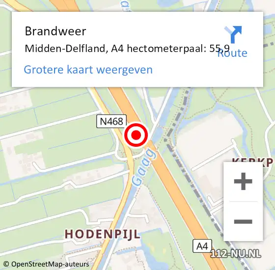 Locatie op kaart van de 112 melding: Brandweer Midden-Delfland, A4 hectometerpaal: 55,9 op 30 juni 2023 06:22