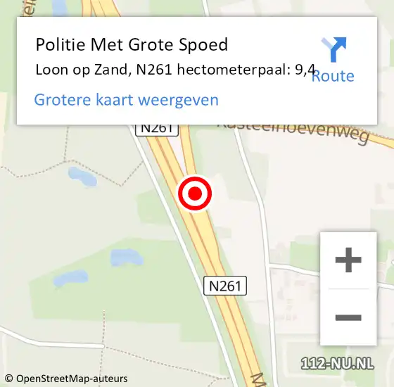 Locatie op kaart van de 112 melding: Politie Met Grote Spoed Naar Loon op Zand, N261 hectometerpaal: 9,4 op 30 juni 2023 07:34