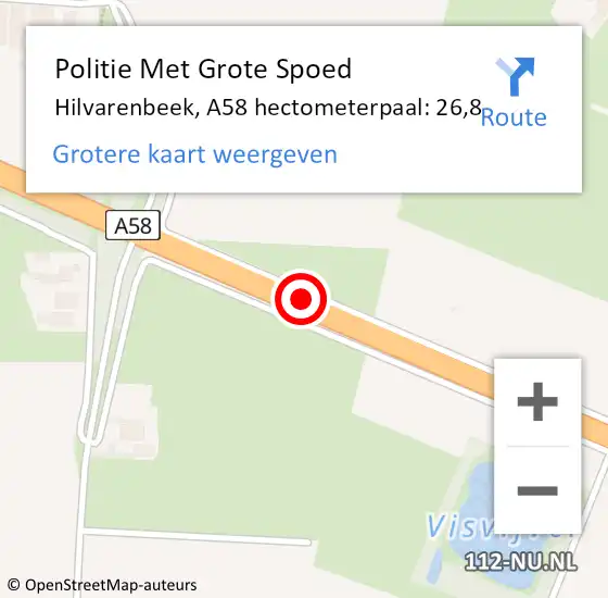 Locatie op kaart van de 112 melding: Politie Met Grote Spoed Naar Hilvarenbeek, A58 hectometerpaal: 26,8 op 30 juni 2023 08:17