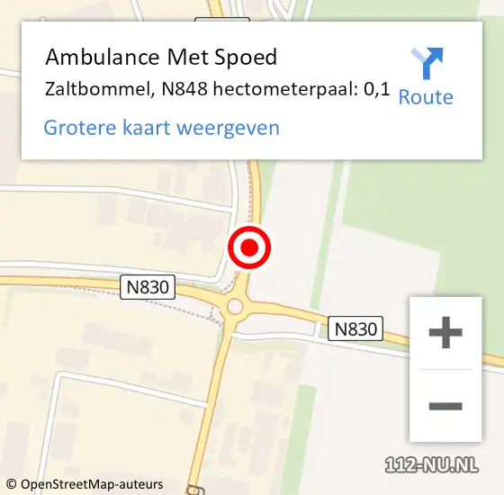 Locatie op kaart van de 112 melding: Ambulance Met Spoed Naar Zaltbommel, N848 hectometerpaal: 0,1 op 30 juni 2023 10:26