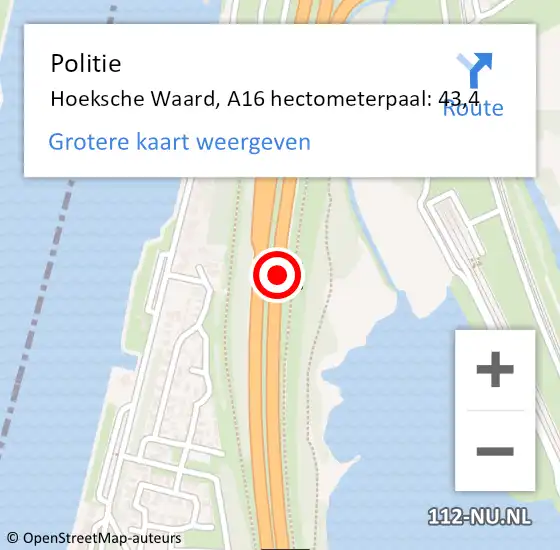 Locatie op kaart van de 112 melding: Politie Hoeksche Waard, A16 hectometerpaal: 43,4 op 30 juni 2023 10:46