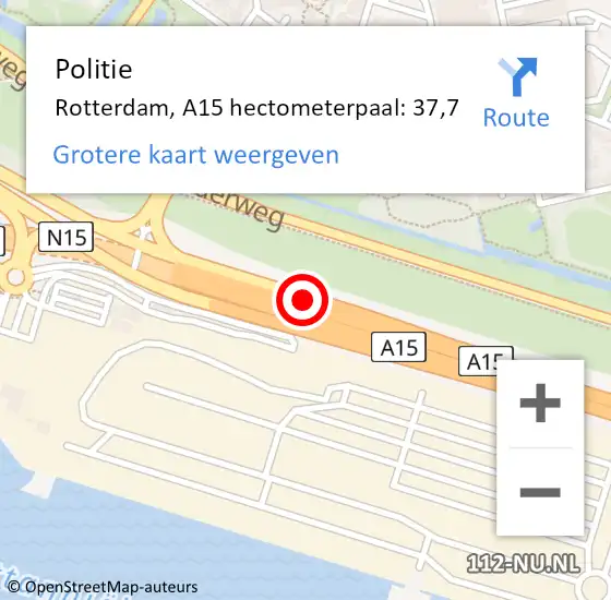 Locatie op kaart van de 112 melding: Politie Rotterdam, A15 hectometerpaal: 37,7 op 30 juni 2023 14:28