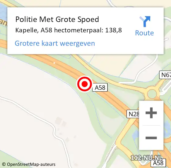 Locatie op kaart van de 112 melding: Politie Met Grote Spoed Naar Kapelle, A58 hectometerpaal: 138,8 op 30 juni 2023 15:29