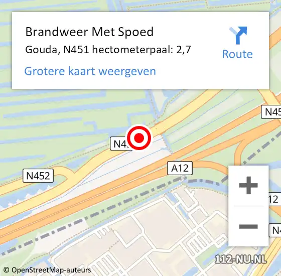 Locatie op kaart van de 112 melding: Brandweer Met Spoed Naar Gouda, N451 hectometerpaal: 2,7 op 30 juni 2023 15:35