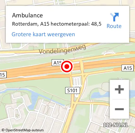 Locatie op kaart van de 112 melding: Ambulance Rotterdam, A15 hectometerpaal: 48,5 op 30 juni 2023 15:39