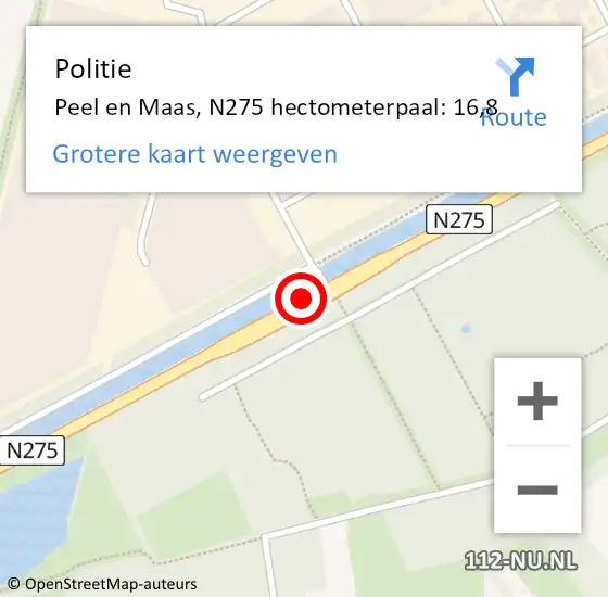 Locatie op kaart van de 112 melding: Politie Peel en Maas, N275 hectometerpaal: 16,8 op 30 juni 2023 16:12