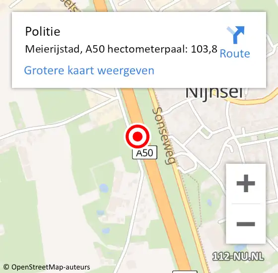 Locatie op kaart van de 112 melding: Politie Meierijstad, A50 hectometerpaal: 103,8 op 30 juni 2023 16:40