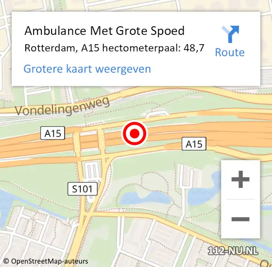 Locatie op kaart van de 112 melding: Ambulance Met Grote Spoed Naar Rotterdam, A15 hectometerpaal: 48,7 op 30 juni 2023 17:40