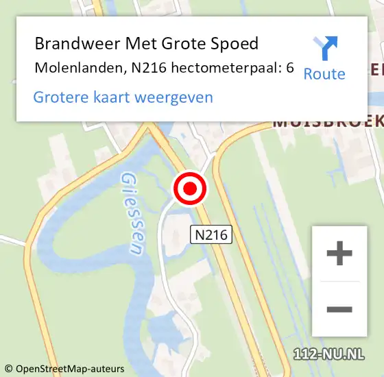 Locatie op kaart van de 112 melding: Brandweer Met Grote Spoed Naar Molenlanden, N216 hectometerpaal: 6 op 30 juni 2023 19:58