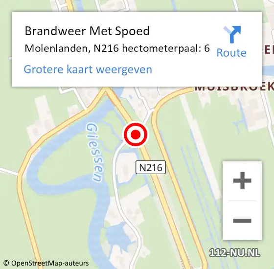 Locatie op kaart van de 112 melding: Brandweer Met Spoed Naar Molenlanden, N216 hectometerpaal: 6 op 30 juni 2023 20:19