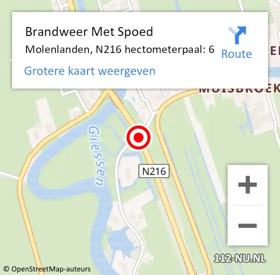 Locatie op kaart van de 112 melding: Brandweer Met Spoed Naar Molenlanden, N216 hectometerpaal: 6 op 30 juni 2023 20:52