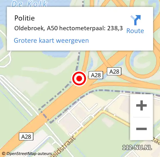 Locatie op kaart van de 112 melding: Politie Oldebroek, A50 hectometerpaal: 238,3 op 30 juni 2023 22:55