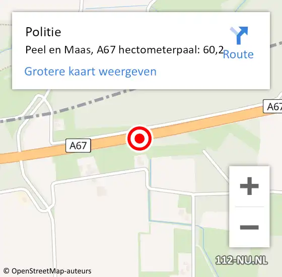 Locatie op kaart van de 112 melding: Politie Peel en Maas, A67 hectometerpaal: 60,2 op 30 juni 2023 23:19