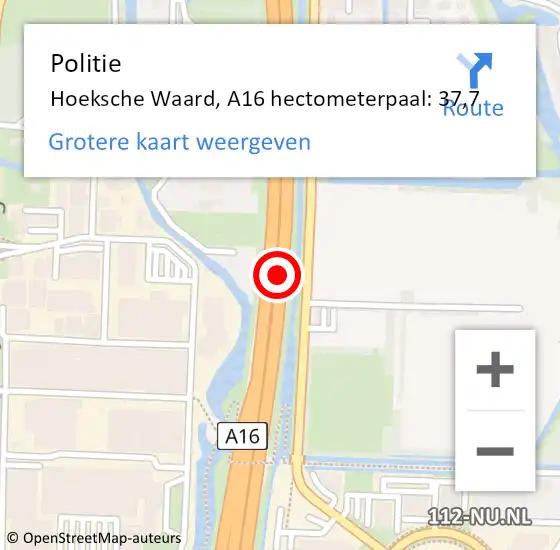 Locatie op kaart van de 112 melding: Politie Hoeksche Waard, A16 hectometerpaal: 37,7 op 1 juli 2023 00:44