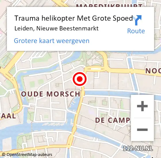 Locatie op kaart van de 112 melding: Trauma helikopter Met Grote Spoed Naar Leiden, Nieuwe Beestenmarkt op 1 juli 2023 01:27