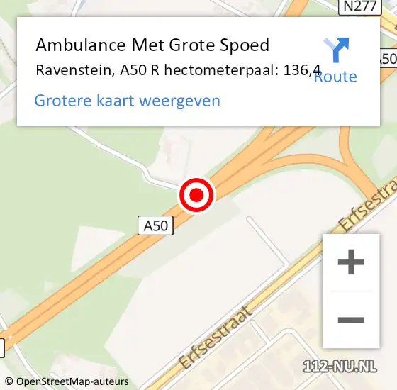 Locatie op kaart van de 112 melding: Ambulance Met Grote Spoed Naar Ravenstein, A50 R hectometerpaal: 135,5 op 31 augustus 2014 00:35