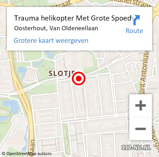 Locatie op kaart van de 112 melding: Trauma helikopter Met Grote Spoed Naar Oosterhout, Van Oldeneellaan op 1 juli 2023 04:42