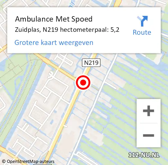 Locatie op kaart van de 112 melding: Ambulance Met Spoed Naar Zuidplas, N219 hectometerpaal: 5,2 op 1 juli 2023 06:39