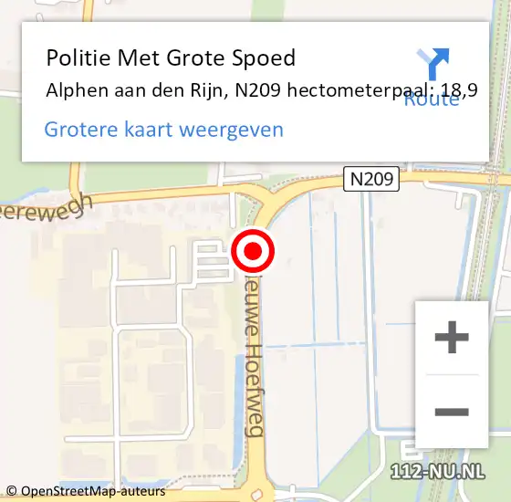 Locatie op kaart van de 112 melding: Politie Met Grote Spoed Naar Alphen aan den Rijn, N209 hectometerpaal: 18,9 op 1 juli 2023 09:06