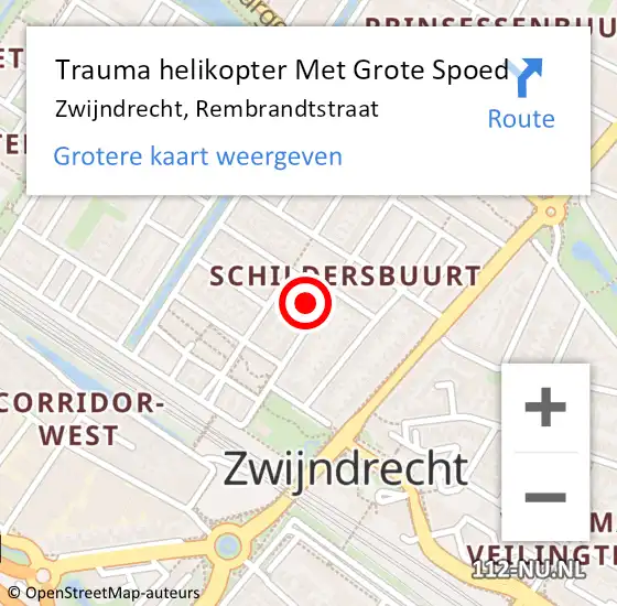 Locatie op kaart van de 112 melding: Trauma helikopter Met Grote Spoed Naar Zwijndrecht, Rembrandtstraat op 1 juli 2023 11:24
