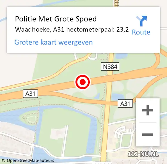 Locatie op kaart van de 112 melding: Politie Met Grote Spoed Naar Waadhoeke, A31 hectometerpaal: 23,2 op 1 juli 2023 12:32
