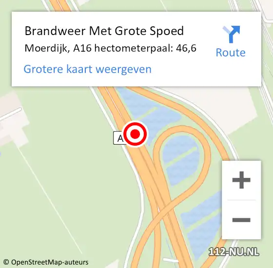 Locatie op kaart van de 112 melding: Brandweer Met Grote Spoed Naar Moerdijk, A16 hectometerpaal: 46,6 op 1 juli 2023 13:05