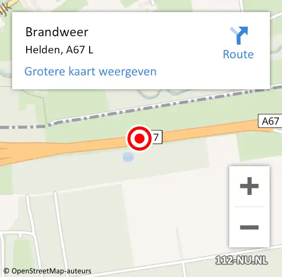 Locatie op kaart van de 112 melding: Brandweer Helden, A67 R hectometerpaal: 52,8 op 31 augustus 2014 01:46