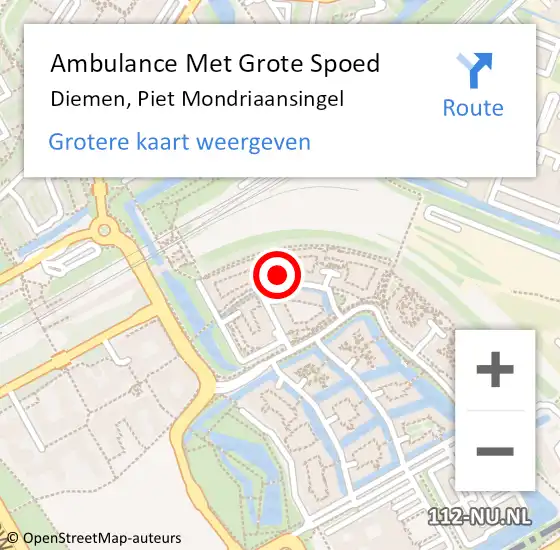 Locatie op kaart van de 112 melding: Ambulance Met Grote Spoed Naar Diemen, Piet Mondriaansingel op 1 juli 2023 14:01