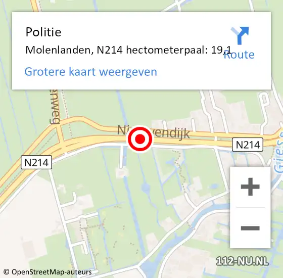 Locatie op kaart van de 112 melding: Politie Molenlanden, N214 hectometerpaal: 19,1 op 1 juli 2023 14:04