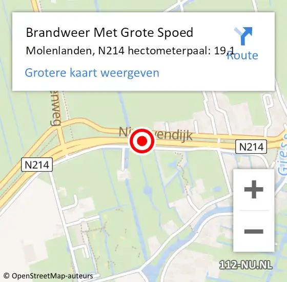 Locatie op kaart van de 112 melding: Brandweer Met Grote Spoed Naar Molenlanden, N214 hectometerpaal: 19,1 op 1 juli 2023 14:05