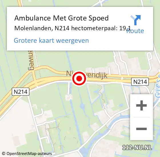 Locatie op kaart van de 112 melding: Ambulance Met Grote Spoed Naar Molenlanden, N214 hectometerpaal: 19,1 op 1 juli 2023 14:23