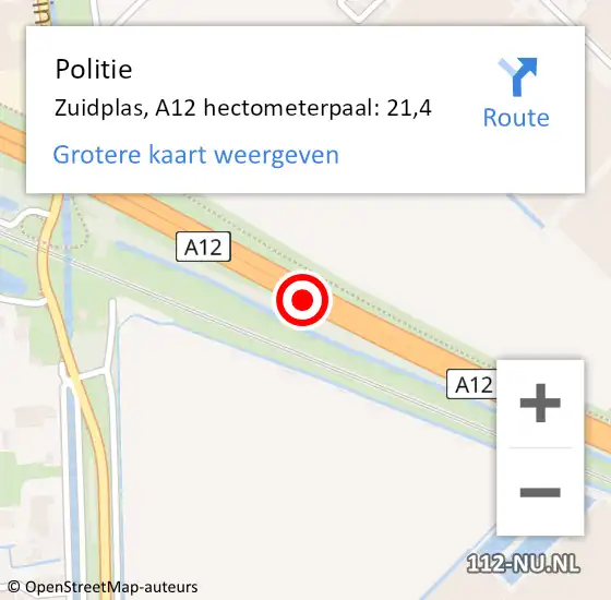 Locatie op kaart van de 112 melding: Politie Zuidplas, A12 hectometerpaal: 21,4 op 1 juli 2023 14:44