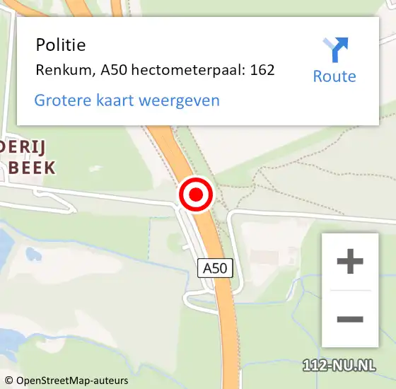 Locatie op kaart van de 112 melding: Politie Renkum, A50 hectometerpaal: 162 op 1 juli 2023 15:18