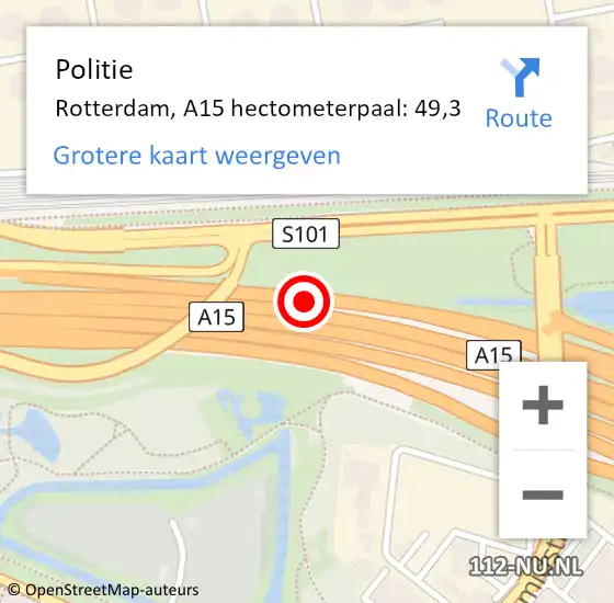 Locatie op kaart van de 112 melding: Politie Rotterdam, A15 hectometerpaal: 49,3 op 1 juli 2023 15:29