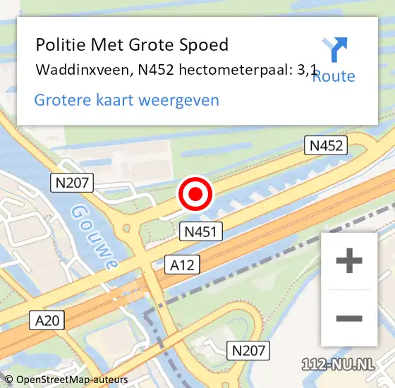 Locatie op kaart van de 112 melding: Politie Met Grote Spoed Naar Waddinxveen, N452 hectometerpaal: 3,1 op 1 juli 2023 15:39