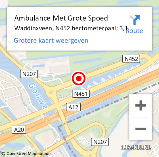 Locatie op kaart van de 112 melding: Ambulance Met Grote Spoed Naar Waddinxveen, N452 hectometerpaal: 3,1 op 1 juli 2023 15:41