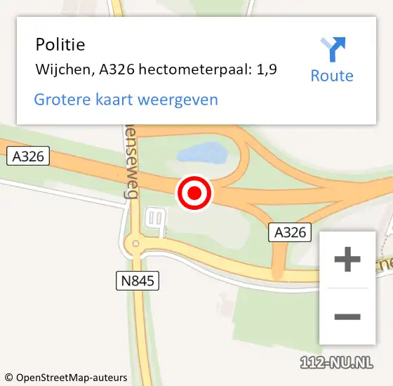 Locatie op kaart van de 112 melding: Politie Wijchen, A326 hectometerpaal: 1,9 op 1 juli 2023 16:07