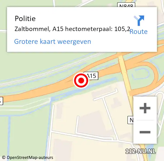 Locatie op kaart van de 112 melding: Politie Zaltbommel, A15 hectometerpaal: 105,2 op 1 juli 2023 16:48