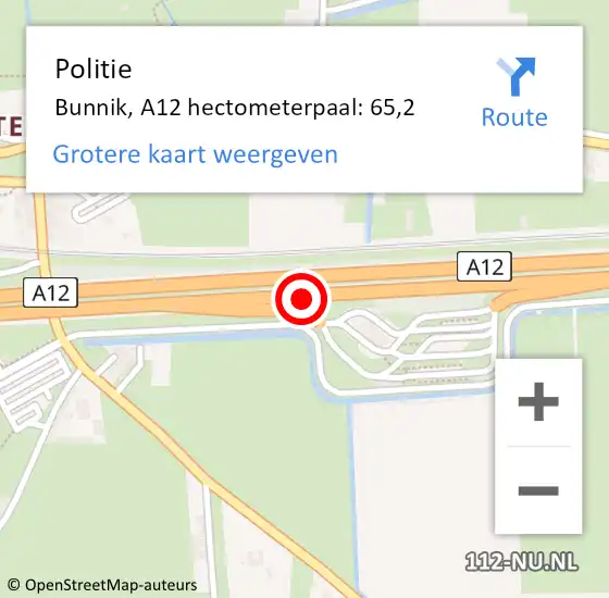 Locatie op kaart van de 112 melding: Politie Bunnik, A12 hectometerpaal: 65,2 op 1 juli 2023 18:56