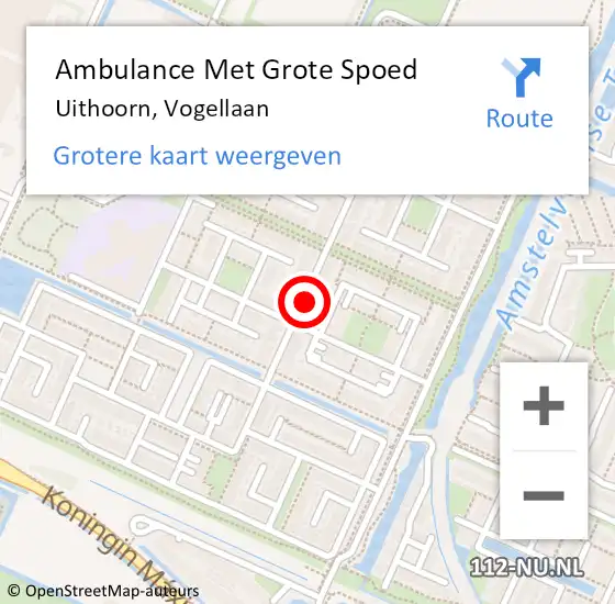 Locatie op kaart van de 112 melding: Ambulance Met Grote Spoed Naar Uithoorn, Vogellaan op 1 juli 2023 21:57