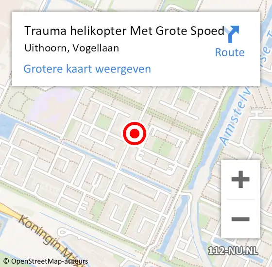 Locatie op kaart van de 112 melding: Trauma helikopter Met Grote Spoed Naar Uithoorn, Vogellaan op 1 juli 2023 21:58