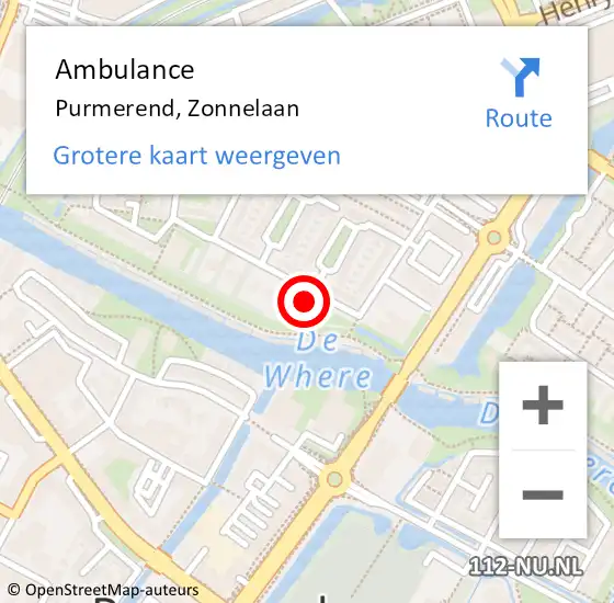 Locatie op kaart van de 112 melding: Ambulance Purmerend, Zonnelaan op 1 juli 2023 22:20