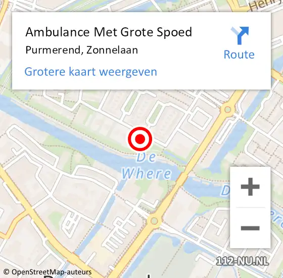 Locatie op kaart van de 112 melding: Ambulance Met Grote Spoed Naar Purmerend, Zonnelaan op 1 juli 2023 22:21