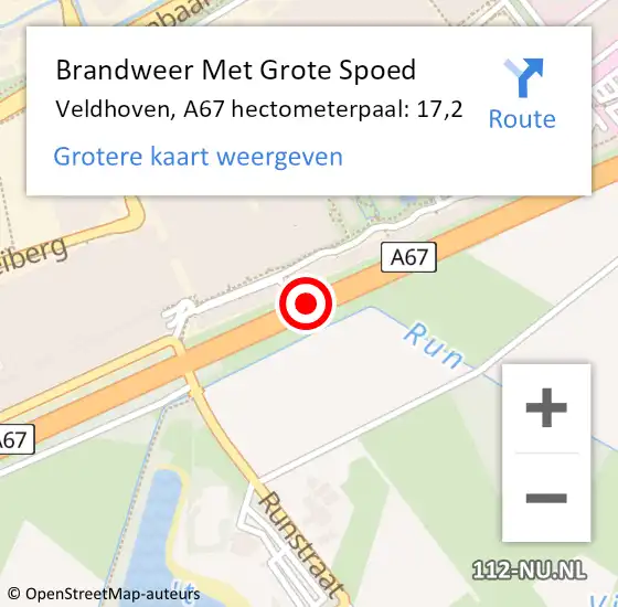 Locatie op kaart van de 112 melding: Brandweer Met Grote Spoed Naar Veldhoven, A67 hectometerpaal: 17,2 op 1 juli 2023 23:29