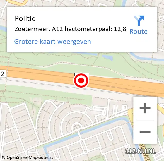 Locatie op kaart van de 112 melding: Politie Zoetermeer, A12 hectometerpaal: 12,8 op 2 juli 2023 00:49